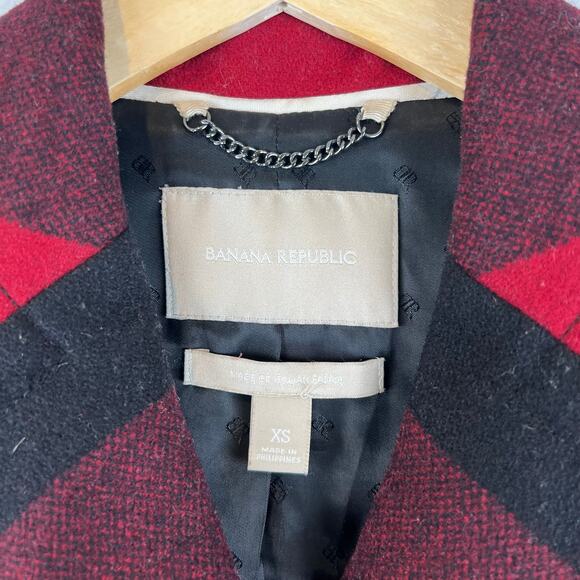 Banana Republic Buffalo Plaid Wool Peacoat Trench Coat Belt Jacket XS Red Black - Picture 2 of 10
